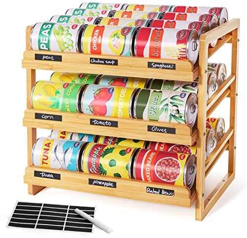 Yumkfoi Bamboo Can Organizer for Pantry, 3 Tier Stackable Can Storage Organizer Pantry with Label Sticker and Marker Pen(Natural Bamboo)