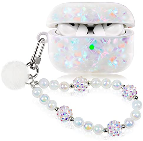 Kompatibel mit AirPods Pro 2 Hülle Case Harter Stoßfeste Schutzhülle für AirPods Pro 2. Generation 2022 Case Cover für Mädchen Frau mit Perle Lanyard
