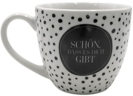 Dekohelden24 Maxi - Kaffeebecher/Tasse aus Porzellan, schwarz-weiß gepunktet, Motiv: Schön, DASS es Dich gibt, Größe H/Ø: 9,2 x 10,5 cm, Fassungsvermögen 400 ml, Spülmaschinengeeignet.