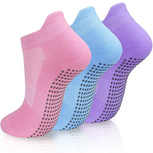 srclo 3 paia di calzini da donna antiscivolo per yoga, pilates, taglia 4-8, calzini alla caviglia per prevenzione delle cadute per fitness, balletto, danza, allenamento a casa, yoga., Rosa Viola Blu,