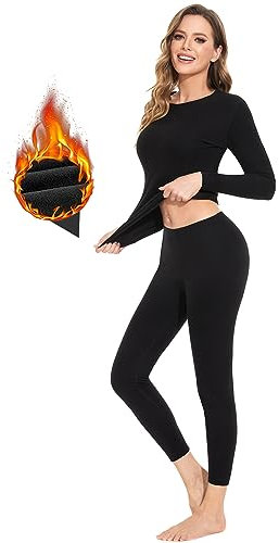 SIMIYA Damen Thermounterwäsche Set, Warme Unterwäsche Manschetten Können Freischneidende, Oberteile Lange Skiunterwäsche mit Rundhalsausschnitt Winter Thermo Base Laye (Schwarz,2XL)