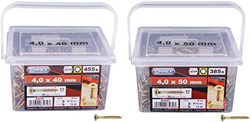 Connex Universalschrauben 4,0 x 40 mm - 455 Stück im Set - Senkkopf - TX-Antrieb B30192 & Connex Universalschrauben 4,0 x 50 mm - 385 Stück im Set - Gelb verzinkt/Schrauben-Set B30193