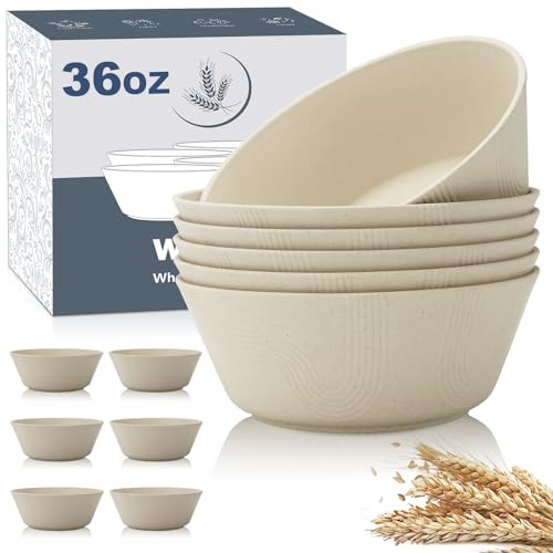 Wrova Wheat Straw Bowl Sets with Textured Pattern,6 PCS Unbreakable Cereal Bowl 36 OZ,Microwave and Dishwasher Safe Bowls,Soup Bowl Sets BPA Free for Salad (Beige