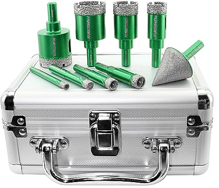 KURSTOL Diamond Core Drill Bit Kit - 6/8/10/12/20/25/32/35mm Round Shank Tile Hole Saws+1-3/8/35mm Hex Shank Beveling Chamfer Bit for Dry Drilling Porcelain Ceramic Granite Marble Stone
