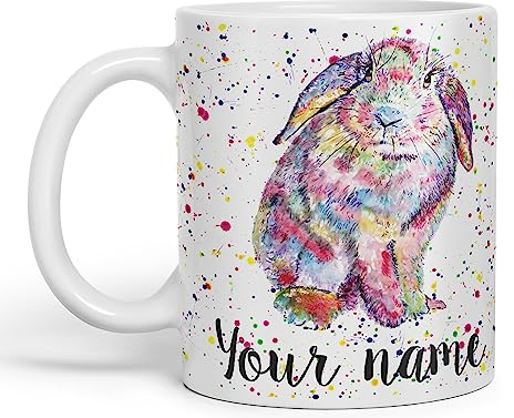 Vixar Personalised with Your Text Lop Rabbit Bunny Eared Watercolour Art Coloured Ceramic Mug Cup Gift 330ml 11oz Custom Work Office Tea Coffee (White)