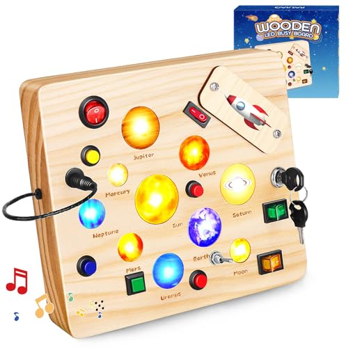 OAKJAR Montessori Busy Board Spielzeug ab 1 2 3 Jahr, Activity Board Holzspielzeug mit 12 Schaltern, 10 LED-Lichtern und Kleinkindermusik Motorikspielzeug für Babys Kleinkinder Jungen Mädchen