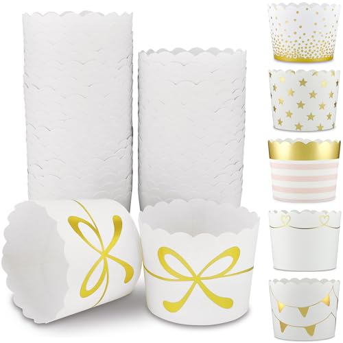 Frau WunderVoll® 25 Muffin Backformen weiß Gold (metallic) Schleife Durchmesser 6,1 cm/goldene Muffins Muffinbackform Muffinform Form Backförmchen Cupcake Formen Förmchen Papier Cupcakeformen