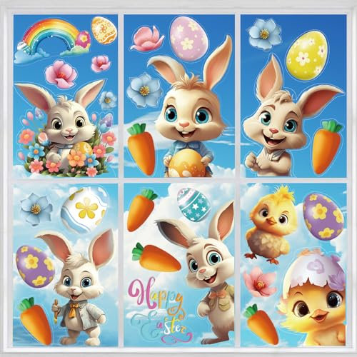 DERAYEE 8 Stück Ostern Karikatur Fenstersticker PVC Hasen Aufkleber Fensterbilder Fensterdekoration für Fenster Oster Dekorationen