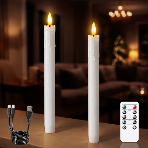 Zevanor Wiederaufladbare flammenlose 2,2cm x25cm LED-Stabkerzen mit Fernbedienung und Timerfunktion, 2er-Pack flackernde weiße Kunststoffkerzen (inkl. USB-Ladekabel)