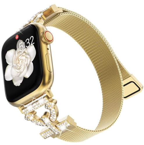 KADES Bracelet magnétique pour femme, compatible avec les Apple Watch 38, 40, 41 mm Series SE 9 8 7 6 5 4 3 2 1, boucle en maille en acier inoxydable avec strass, doré