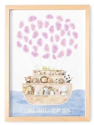 Gästebild Taufe Fingerabdruck Gäste Bild Gästebuch personalisiert Mädchen Jungen mit Arche Taufgeschenk Geschenk (mit und ohne Bilderrahmen)