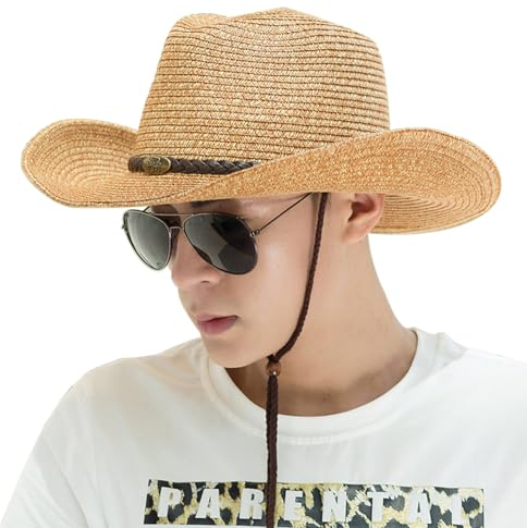 FakeFace Chapeau de Paille Adulte Unisexe Chapeau Cowboy Western Homme Femme Casquette de Soleil Pliable avec Large Bord Anti-UV pour Adulte en Plein Air