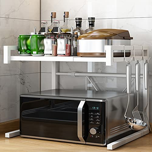 Mikrowellen-Aufbewahrungsregal, erweiterbares Mikrowellen-Ofenregal, Mikrowellen-Organisationshalter, horizontaler Verstellbarer Ofenständer, Toaster-Regal mit 3 Haken, Schwarz für Mikrowelle/Weiß (