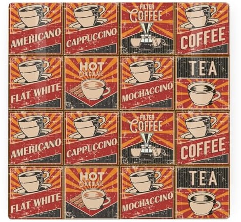 Retro Drinks Large Square Glass Worktop Protector - Hot Drinks American Diner Retro Style Gifts - Smooth Board Kitchen Chopping/Cutting Board Worktop Saver with Non-Slip Feet 30cm x 30cm (12 x 12)