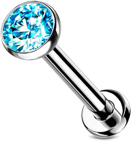Stachelkleid Labret Piercing Titan Zirkonia Silber Push-In Ohne Gewinde Knorpel Helix Tragus Ohrstecker Tragus Lippe Universalpiercing Kugel Kristall Flach Silber/Aqua, 1,2 mm, 6 mm / 3 mm