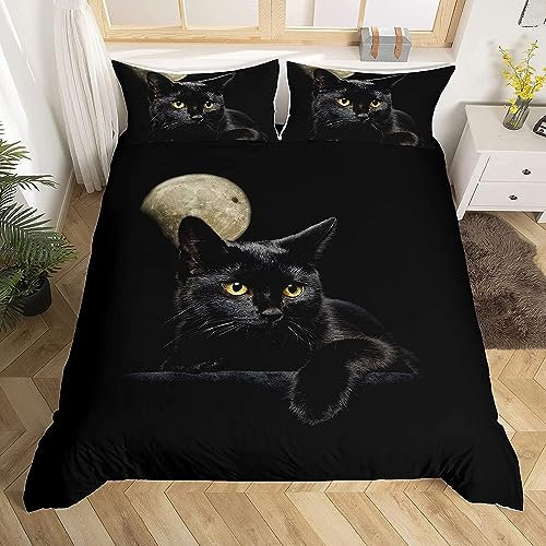 Luofanfei Katzen Bettwäsche 155x220cm Schwarze Cat Muster Bettwäsche Set Katze Tiermotive Kinderbettwäsche 3D Haustier Katzenmotiv Bettbezug Set und Kissenbezüge 155 220 cm mit Reißverschluss