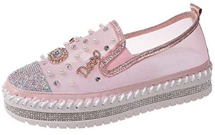 Mocassin Femme Cuir Femme Confortable Pied Large Mesdames Mode Respirant Strass décoratif Semelle épaisse Chaussures décontractées Mocassins Femme Chaussure Plate Femme Confortable (Pink, 39)