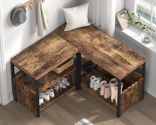Mudmasa Sitzbank mit Stauraum, Schuhbank mit Sitzfläche L Form, Holzbank mit 3 offene Fächer, Eckschuhbank für Flur, Eingangsbereich, Schlafzimmer, Wohnzimmer, Vintagebraun, 35 x 145 x 53 cm (TxBxH)