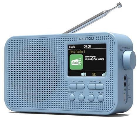 DAB/DAB+ & FM Portable Digital Radio | Large Display | Bluetooth | Rechargeable Battery | Dual Alarms & Sleep Timer | Perfect for Home, Office or Outdoors | AZATOM Aspire G2 (Blue)