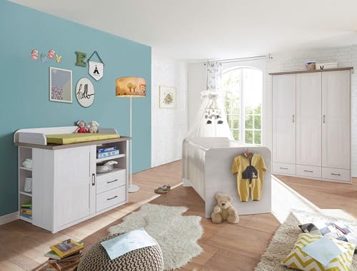 M Möbel-Direkt Deutschlands schnelle Möbel Babyzimmer Luca – Komplett Set -Kinderzimmer in Pinie Weiß mit Absetzungen in Trüffel - Verschiedene Set Varianten wählbar (3 teilig)