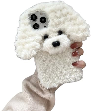 Emlivi Plüsch Hülle Kompatible mit iPhone 12 Pro, Weiche Puppy Hülle Silikon Handyhülle, Welpen Muster Case Süße Winter Warm Stoßfeste TPU Schutzhülle Niedlich Handytasche für iPhone 12, Weiß