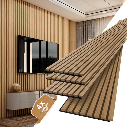 DEKKOR 4-Piece Wood Slat Acoustic Panels for Wall and Ceiling, 3D Fluted Sound Absorbing Panel, 94.5 x 7.9 (Oak)