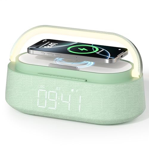 COLSUR Radiowecker Digital mit Wireless Charger, Bluetooth Lautsprecher mit USB-Ladegerät, Smart Wecker Schlummerfunktion Induktive Ladestation mit Licht, Nachtlampe, LED Display, Geschenke für Männer