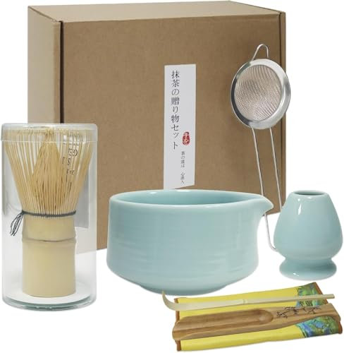 Ensemble de matcha - Set à thé matcha - Ensemble avec fouet, porte-balai, bol à matcha en céramique, 2 cuillères à café - Accessoires japonais pour la cérémonie du matcha, parfait pour la préparation