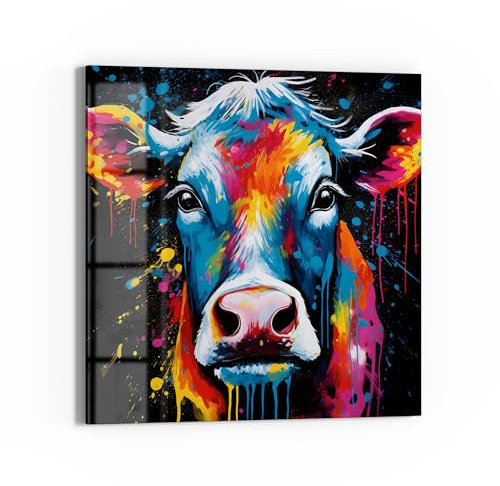 DEQOART Glas-Magnettafel | 50x50 cm cm groß | Motiv Kuh im Farbrausch | Memo-Board aus Glas | Magnetboard inkl. Magnete, Stift & Tuch für Küche & Büro | Tafel magnetisch & beschreibbar
