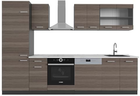Vicco Küchenzeile R-Line, Küchenblock, Edelgrau/Anthrazit, 300 cm, AP Marmor