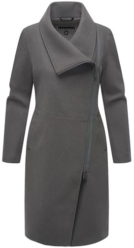 Navahoo Damen lange Übergangsjacke Mantel in Woll-Optik mit asymmetrischem Kragen und wasserdichtem Reißverschluss Samtrose 14 Anthracite Gr. XS