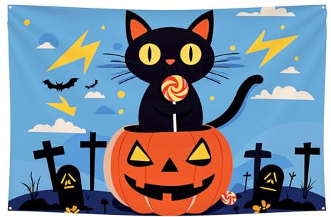Hopomoon Striscione per feste extra large in tessuto, motivo gatti neri 44 Halloween, leggero, decorazione per la casa, 120 x 180 cm, lavabile, da appendere