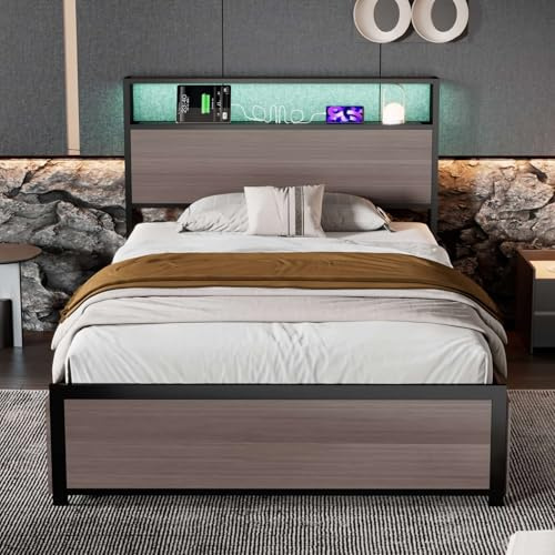 Yardi Yarda Bed Frame Metal Bed with LED Light Strip and 4 Storage Drawers 3 Charging Ports Suitable for Teenagers (Mattress Not Included) (90X190CM)