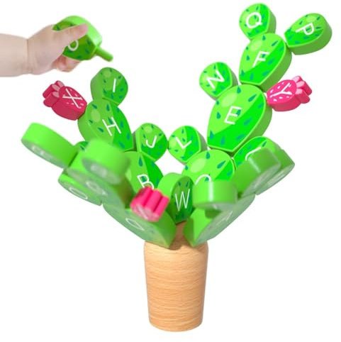 Generisch Cactus Stapeling Babyspielzeug, Holzbalancespiel - Stapelbalance -Kaktus -Puzzle mit Alphabetdesign,Unterhaltsame Bildungsaktivitäten, Gebäude für Kinder im Alter von 3 bis 8 Jahren
