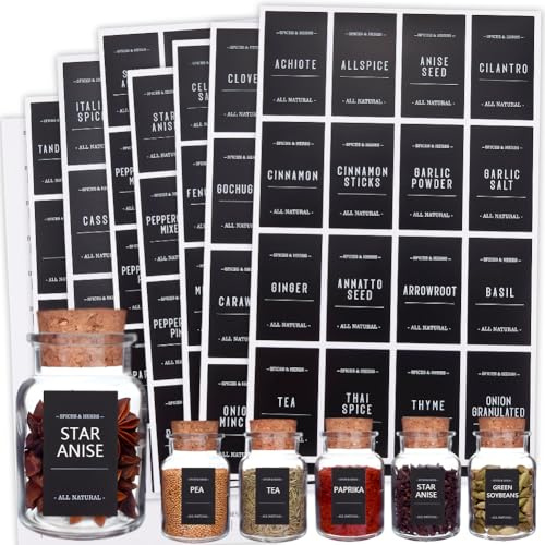 SOFPLATE 320Pcs Rectangle Spice Labels Stickers Black Spice Bottle Stickers Preprinted Waterproof Oil Resistant Home Jar DIY Blank Labels for Kitchen Pantry Laundry Bathroom Organization Supplies