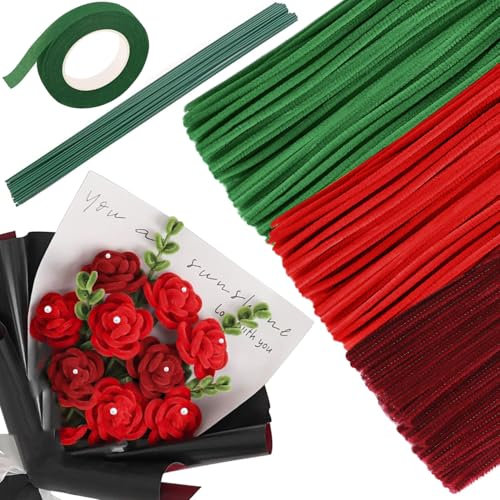 UNIANE 300 Stück Pfeifenreiniger Blumen Set, 20 Stück Grün Basteldraht, Klebeband, Pfeifenreiniger zum Basteln, Rosensträuße Bastelprojekte, Biegeplüsch 30cm Pfeifendraht zum Basteln