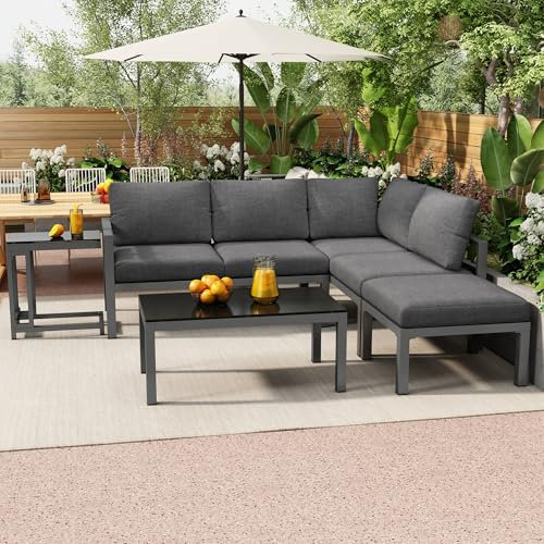 IHO SOFA 5-TLG Balkonset Gartenmöbel Set für 4-5, Outdoor Loungemöbel Set mit 2 Doppelsofa, 1 Hocker und 2 Tisch, Ecklounge Outdoor Wetterfest Loungesofa aus Verzinktem Eisengestell, Grau