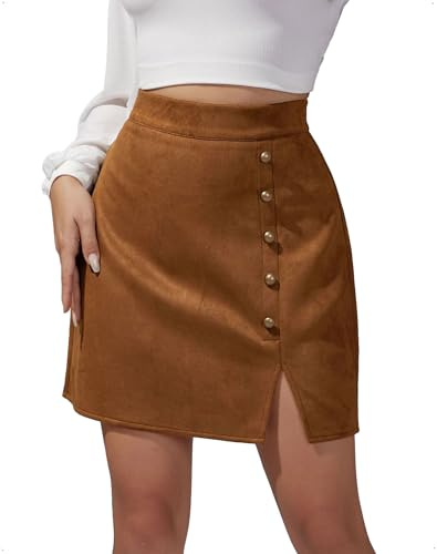 EMOTTOS Falda Corta Ante sintético Mujer lápiz Sexy Abertura Lateral Cintura Alta Envolvente Corte A Ajustado Cremallera Decorativa Botones metálicos Minifalda Cuero Fiestas, S-L, Negro/marrón
