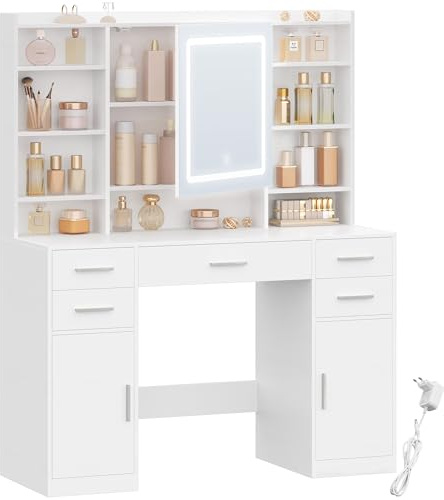 HEXCELEN Schminktisch mit Spiegel, 40 × 108 × 144 cm, Weiß | Schminktisch, Frisierkommode mit 5 Schubladen, 2 Schubladen und 9 Offenen Fächern, Versteckte Regale