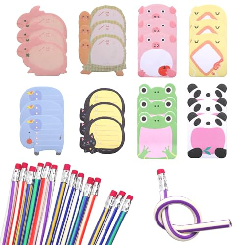 TNSLAND Teiliges Zauberstift Set, 15 Biegebleistifte mit Radiergummi für Schule & Mitgebsel, mit 24 Tier-Haftnotizen, Biegbar weich, Bricht Nicht, Perfekt Geschenk, Partyartikel, Weihnachten