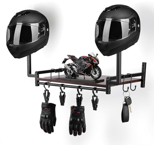 Mekturm Motorbike Helmet Holder, 20Kg Load-Bearing Wooden Helmet Stand Wall Mount Motorcycle Gear Storage With 4 Clips, Versatile Helmet Mount Wall Organizer for Motorcycle and Cycling Equipment