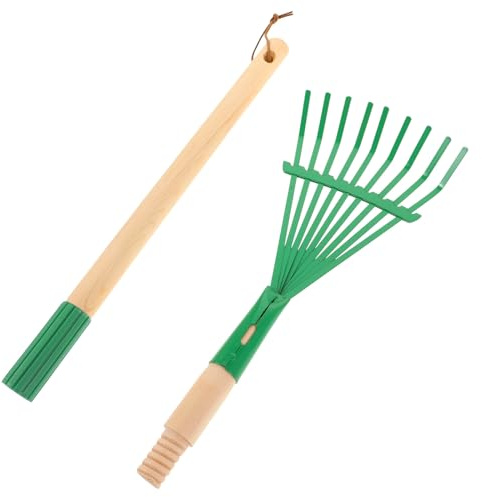 TOBBOMEY Rastrillo Infantil Desmontable de Hierro con Mango de Madera Ergonómico para Jardín y Herramienta Resistente para Niñas Exterior Verde