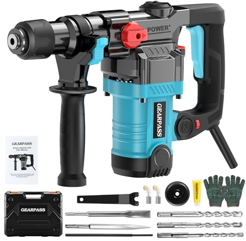 SDS-Plus Bohrhammer 1500W, Schlagbohrmaschine 7,4 Joule Abbruchhammer, 3 IN 1 Meißelhammer 0-1100U/Min 6-Gang verst. 360° Zusatzgriff, mit 3 Bohrer für Werkzeuge nach SDS+ System für Beton,Metall,Holz