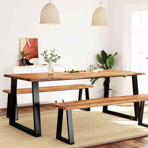 Yunovire Esstisch Baumkante 220x100x75 cm Massivholz Akazie, U-Beine Schwarz, Naturkante, Esszimmertisch für 6-8 Personen, robuster Küchentisch modern Industrial Stil