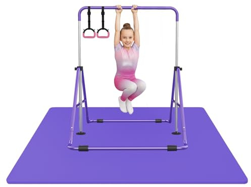 Pack Gymnastique Enfant Violet | Barre Gymnastique Ajustable 90–130 cm + Tapis Gym 200x140 cm + Anneaux Gym Roses Réglables | Sport, Fitness, Suspension, Yoga, Entraînement Maison | Aerobik