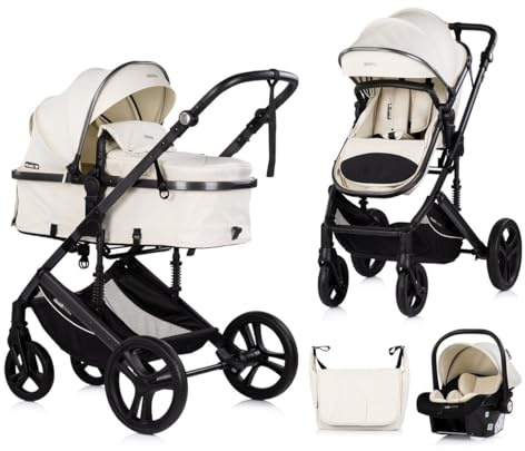 Chipolino Kinderwagen 3 in 1 Amore Babyschale Adapter Wickeltasche Fußabdeckung beige-schwarz
