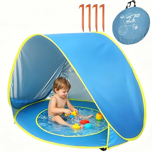 Nzkeuf Tienda Playa Bebé Pop Up, Beach Tent con Mini Piscina Separable, Protección UV UPF 50+, Refugio Playa Bebe para Playa, Jardín, Camping y Exteriores(Azul)