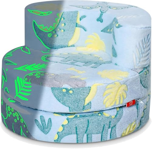 MeMoreCool 4-in-1 Kindersofa ab 3 Jahren Nachtleuchtendes Dino-Motiv Blau | Verwandelbar in Liege, Bodenkissen oder Kompaktes Sofa, Abnehmbarer Waschbarer Plüschbezug, Geeignet für Kinder ab 3 Jahren