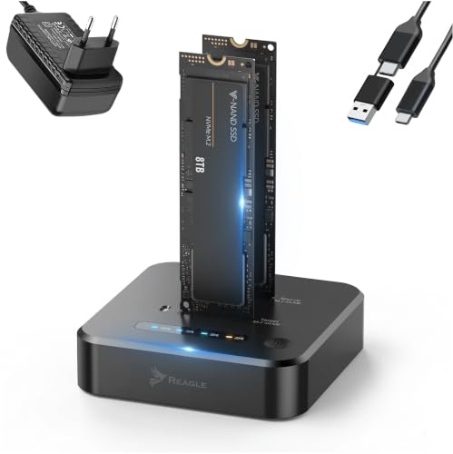 Reagle Station de Clonage SSD M.2 NVMe Double Baie, Clonage Hors Ligne sans PC, USB-C 3.2 Gen 2 10 Gbit/s, PCIe M-Key/B+M-Key, 2230/2242/2260/2280/22110, 2×8 to, UASP/Trim, USB-A/C
