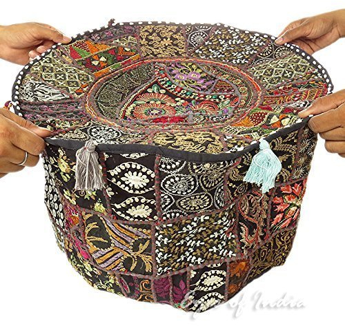 Online Big Pouf im indischen Bohème-Stil, Patchwork-Pouf im Vintage-Stil, runder Pouf Ottoman, Sitzsack, Bodenkissen, Hocker, Bestickt, 35,6 x 55,9 cm, Grün